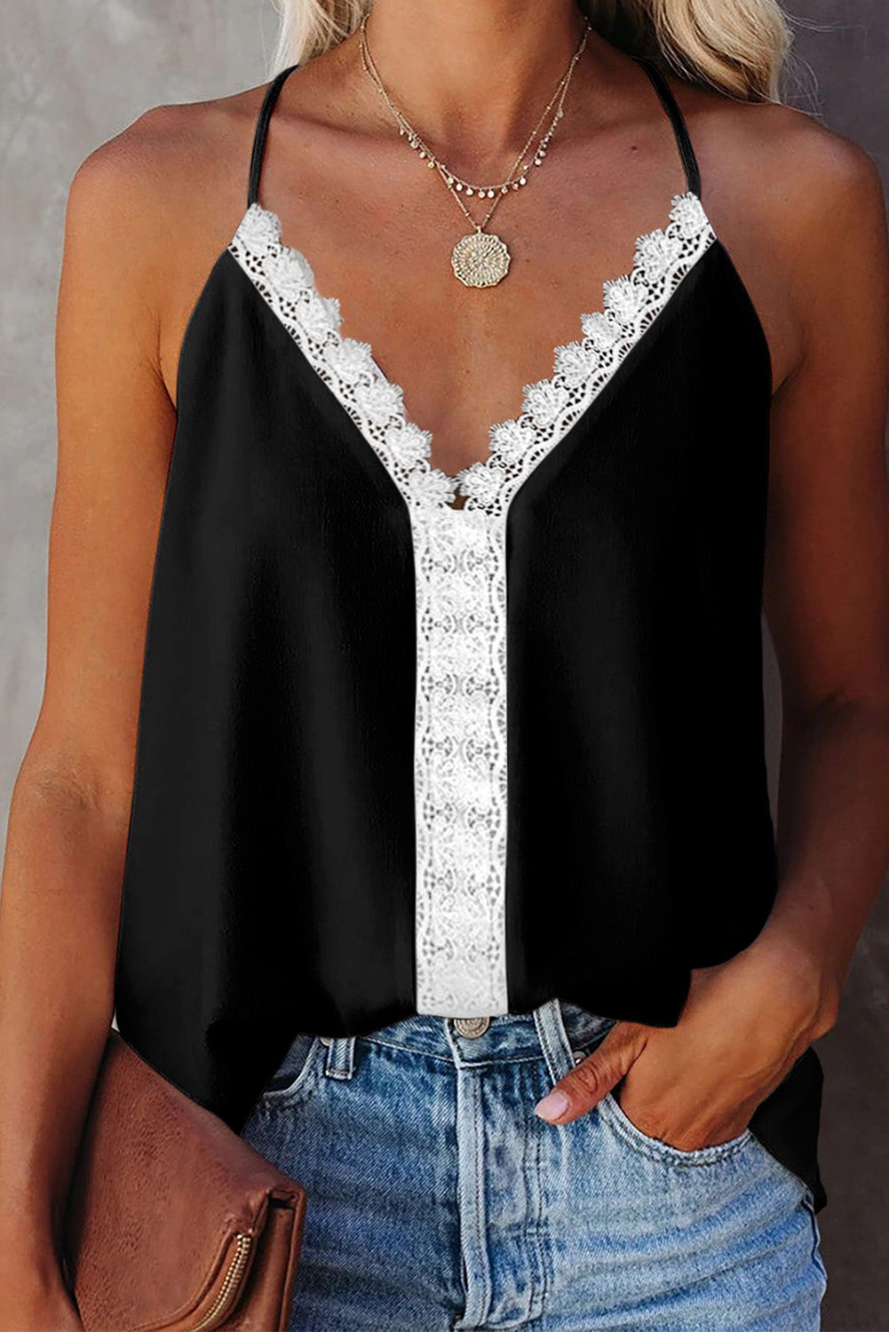 Camiseta sin mangas de encaje con cuello en V