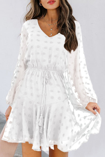 Mini-robe à manches longues et à pois suisses avec lien à la taille 