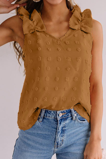 Top sin mangas de tejido Swiss Dot con tirantes con volantes 