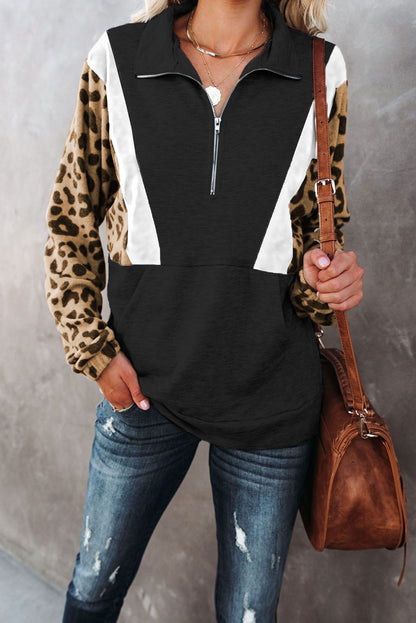 Pocketed Half Zip Leopard Pullover Sweatshirt