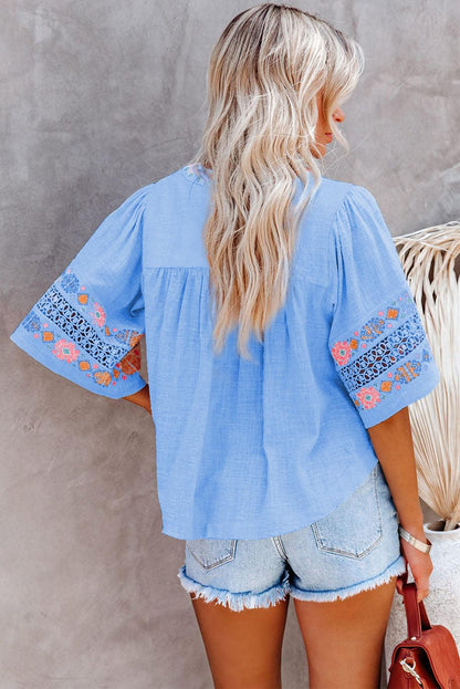 Beige Tassel Drawstring Embroidered Half Sleeve V Neck Top - HannaBanna Clothing