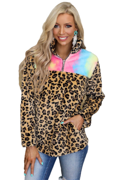 Sudadera de polar con efecto tie-dye y empalme de leopardo