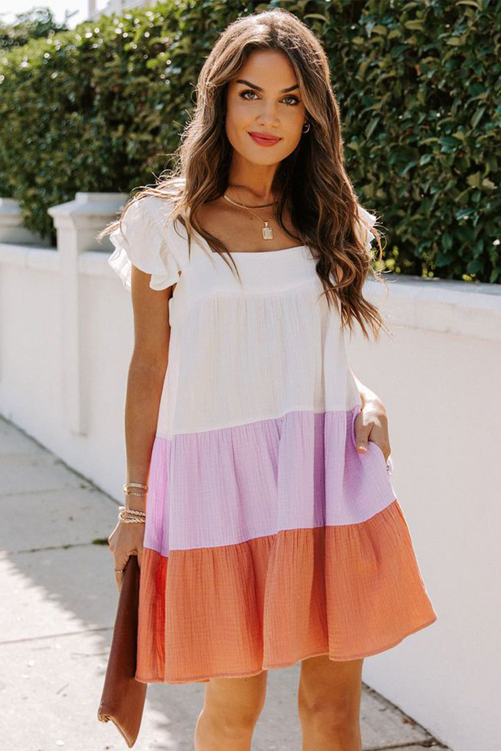 Multicolor Square Neck Triple Color Block Tiered Babydoll Dress