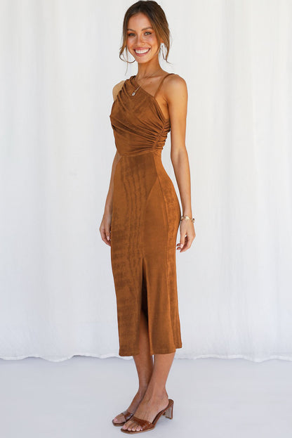 Velvet One Shoulder Sleeveless Cut out Sheath Midi Dress