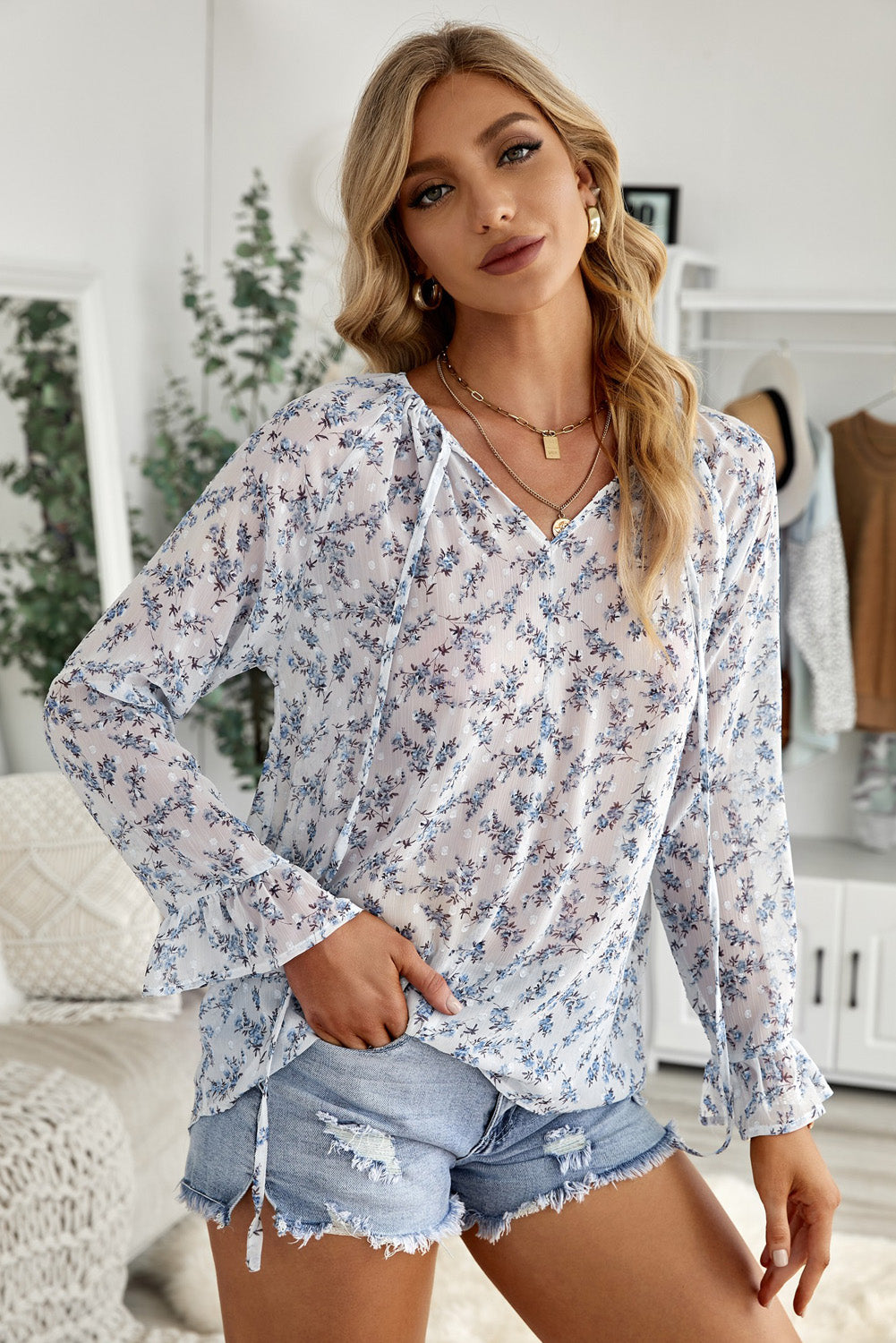 Floral Print Drawstring Long Bell Sleeve Blouse