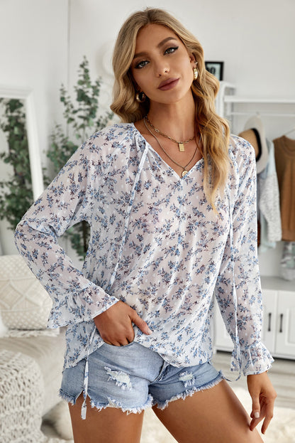 Floral Print Drawstring Long Bell Sleeve Blouse