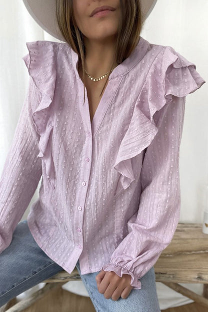 Camisa con mangas de burbujas y volantes transparentes con textura punteada