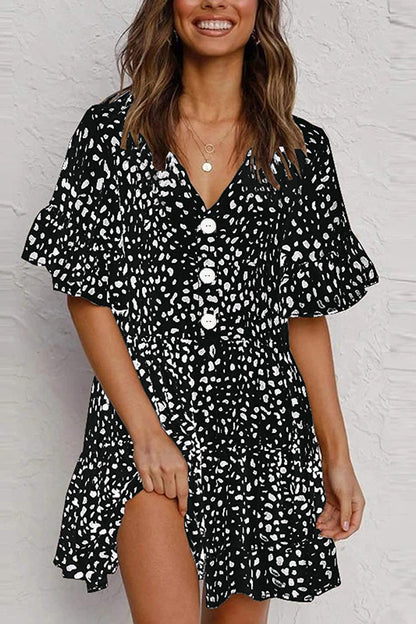 V Neck Ruffled Mini Dress with Buttons