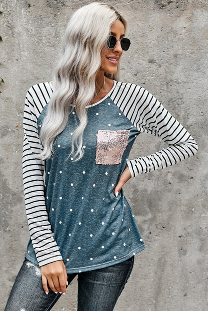 Top de manga a rayas con panel de leopardo negro con bolsillo de lentejuelas