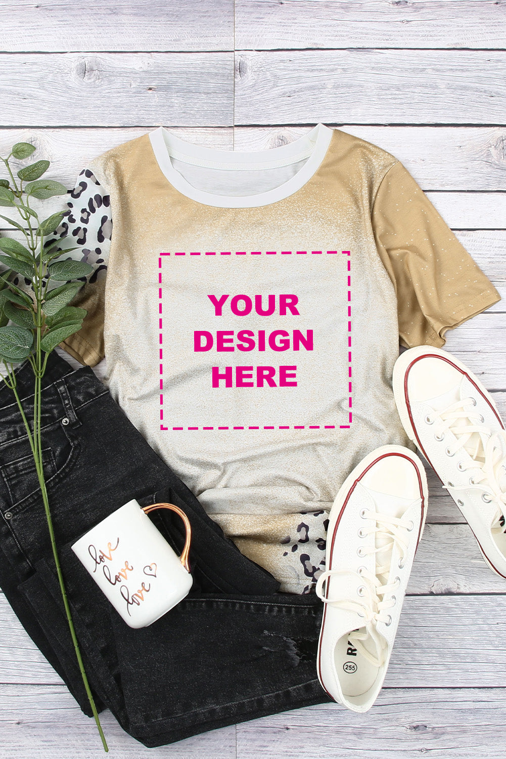 T-shirt kaki à manches courtes imprimé léopard et vache COWGIRL