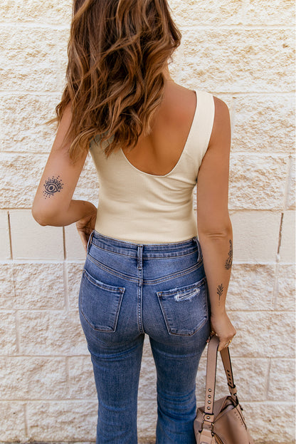 Body sans manches à col en V en tricot côtelé et dentelle au crochet