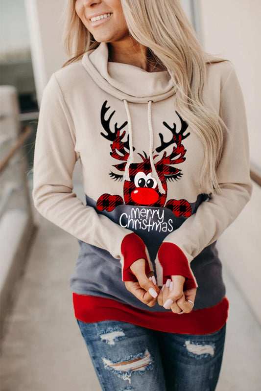 Beige Elk Print Christmas Hoodie with Thumb Hole