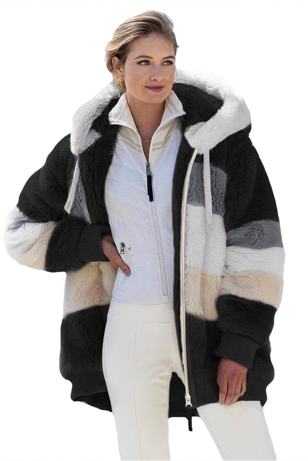 Abrigo sherpa con cremallera y bloques de color rojo vino con capucha 