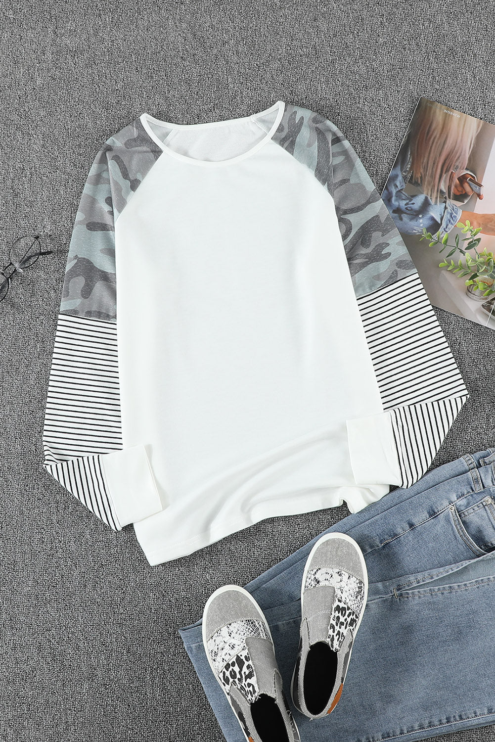 Round Neck Raglan Sleeve Camo Striped Patchwork Top