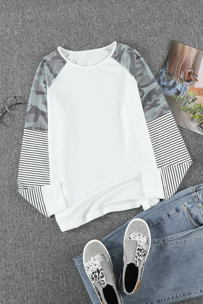 Round Neck Raglan Sleeve Camo Striped Patchwork Top