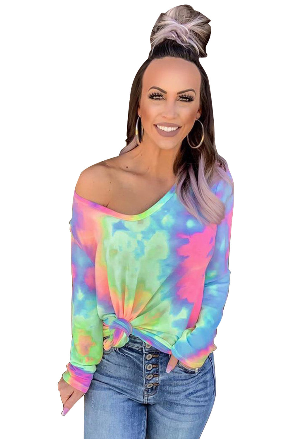 Top de manga larga con cuello en V tie-dye