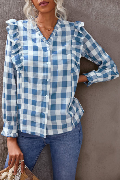 Plaid Print Ruffled Buttoned Shirt