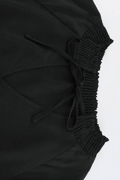 Khaki Bubble Sleeve Split Neck Ruffle Tunic Dress