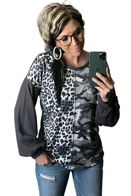 Leopard&Camo Splicing Waffle Knit Top