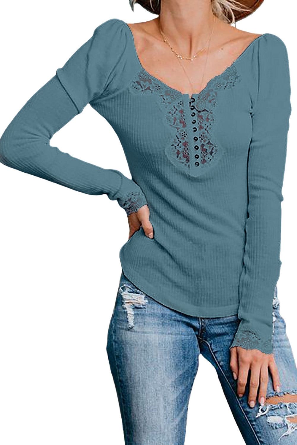 Haut à manches longues côtelé en patchwork de dentelle 