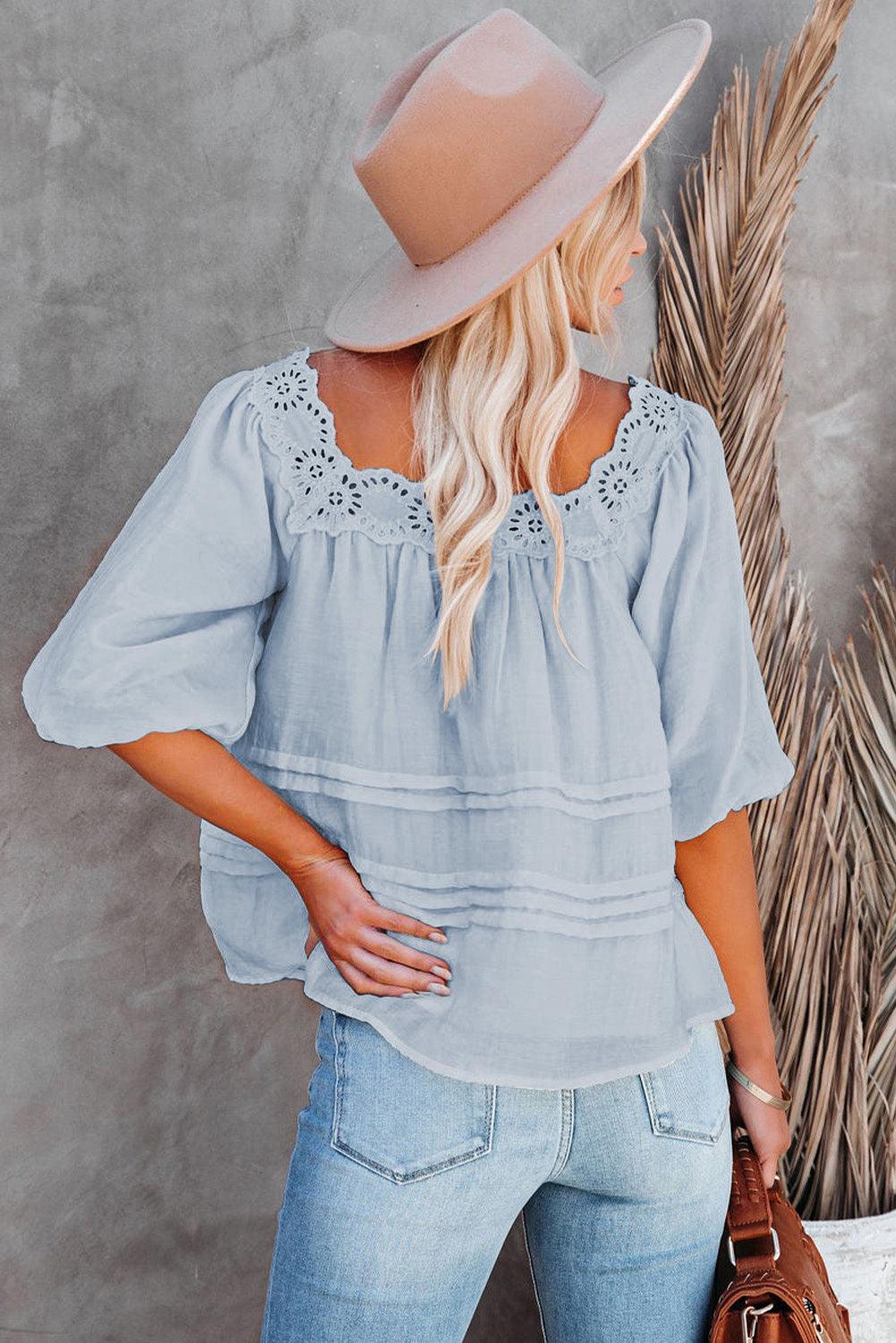 Beige Puff Sleeve Eyelet Babydoll Blouse - HannaBanna Clothing