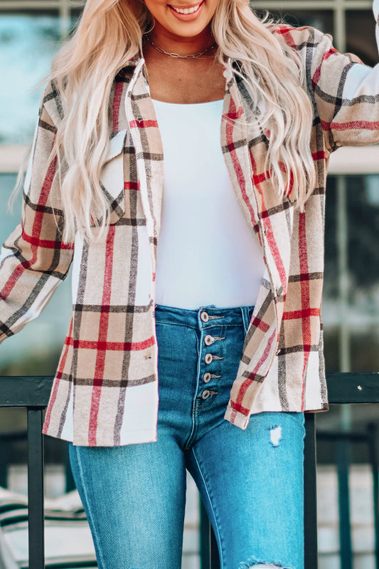 Abrigo estilo camisa con botones y estampado de cuadros caqui con bolsillo 