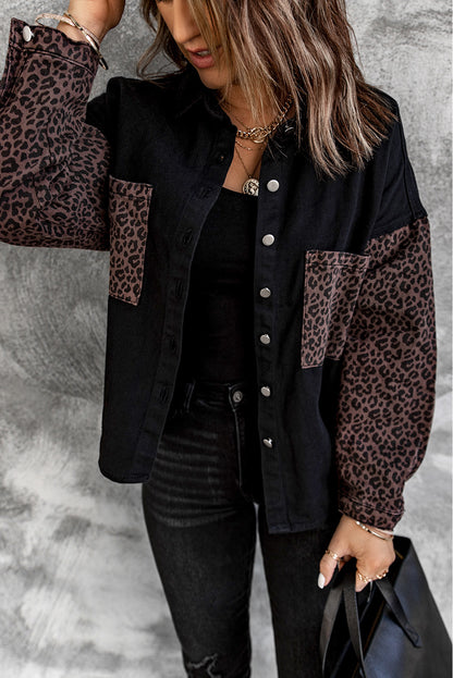 Sky Blue Contrast Leopard Denim Jacket
