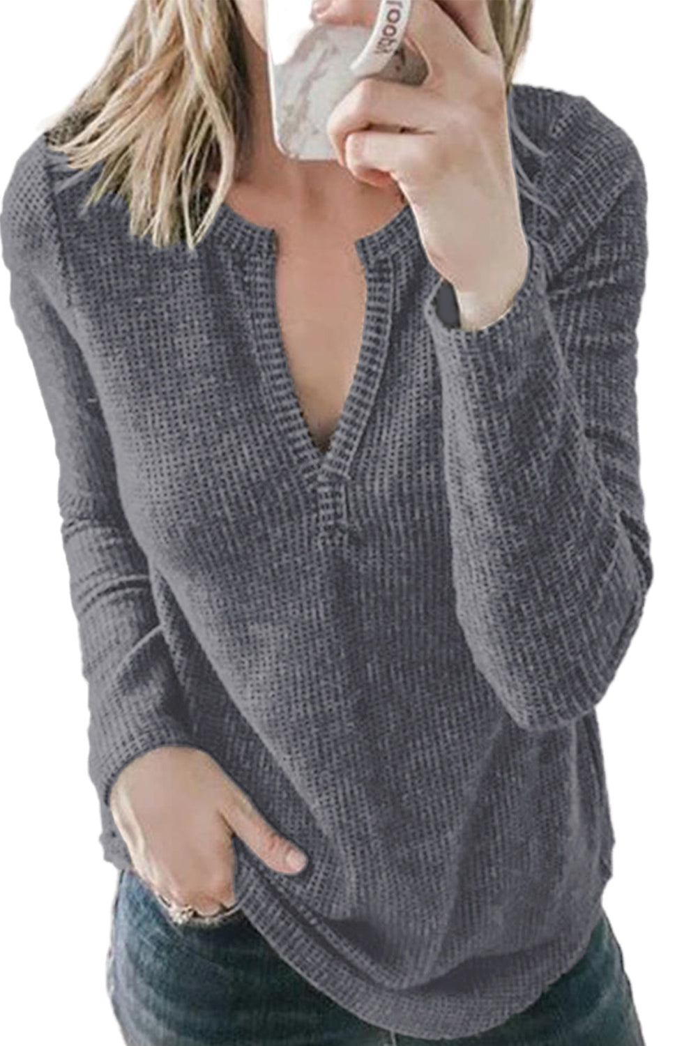 V Neck Cotton Blend Long Sleeve Top