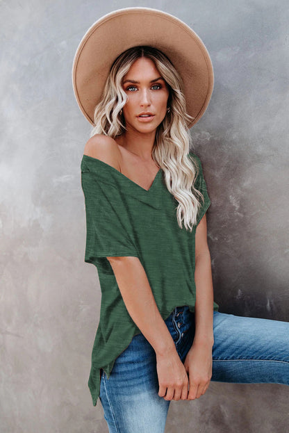 Haut oversize à manches courtes et col en V en mélange de coton délavé minéral 