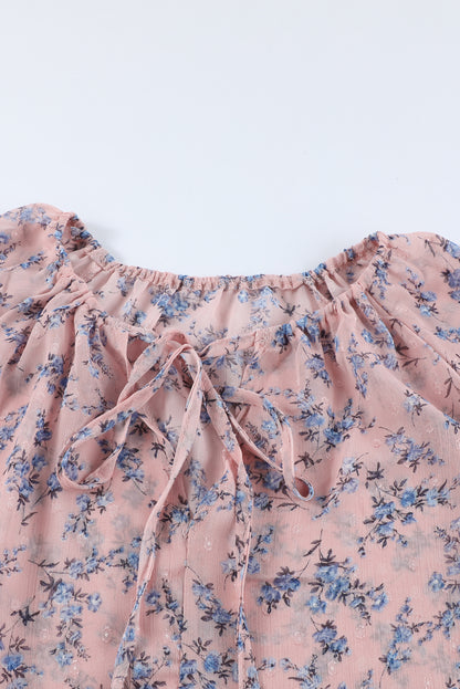 Floral Print Drawstring Long Bell Sleeve Blouse