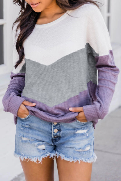 Sweat-shirt à motif gaufré à chevrons et blocs de couleurs 