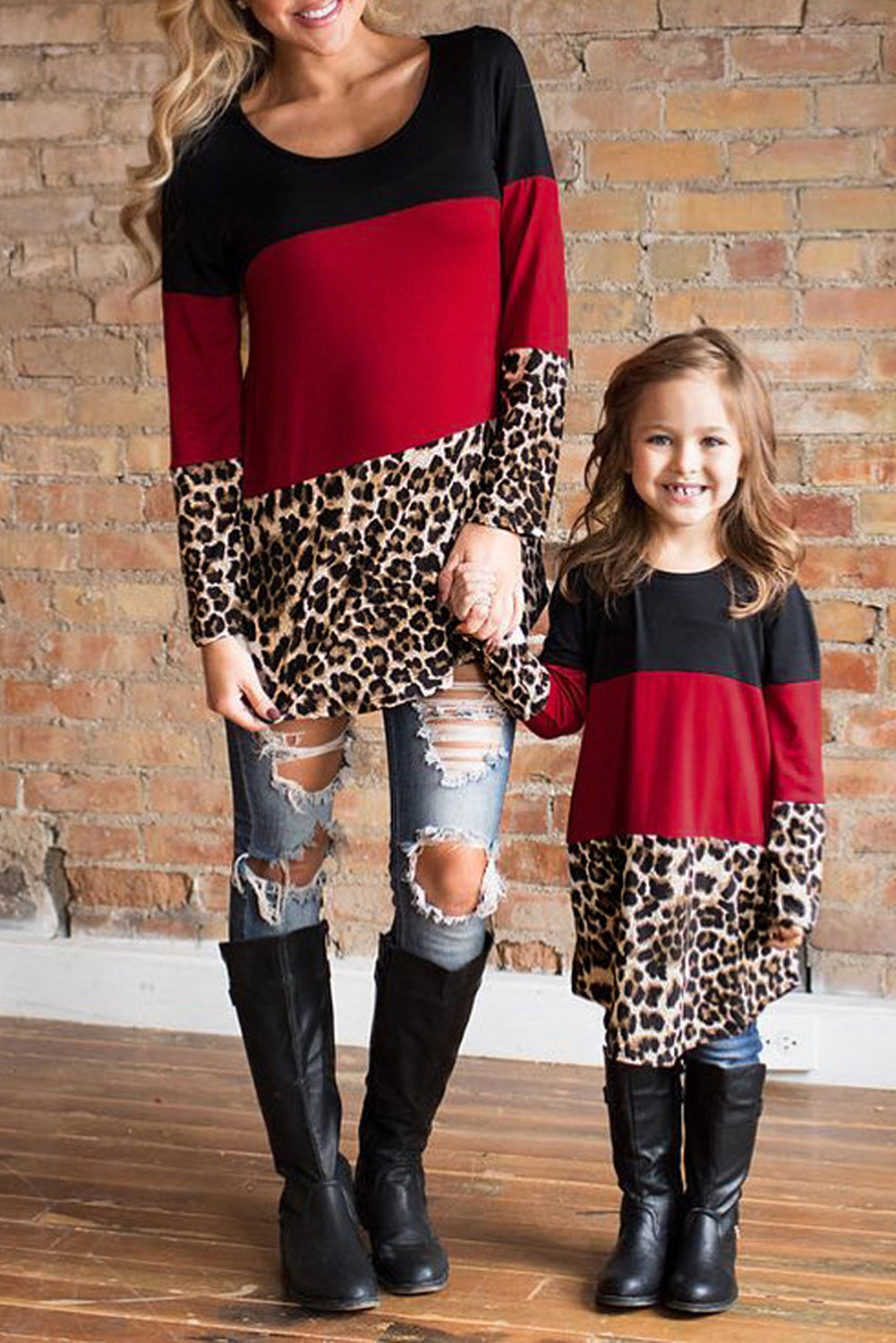 Top de manga larga con bloques de color de leopardo a juego para padres e hijos