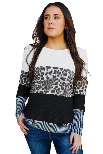 Top de manga larga con estampado de rayas y estampado de leopardo