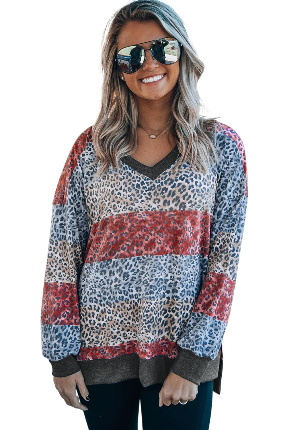 Top de bloque de color de leopardo con cuello en V y manga con hombros caídos