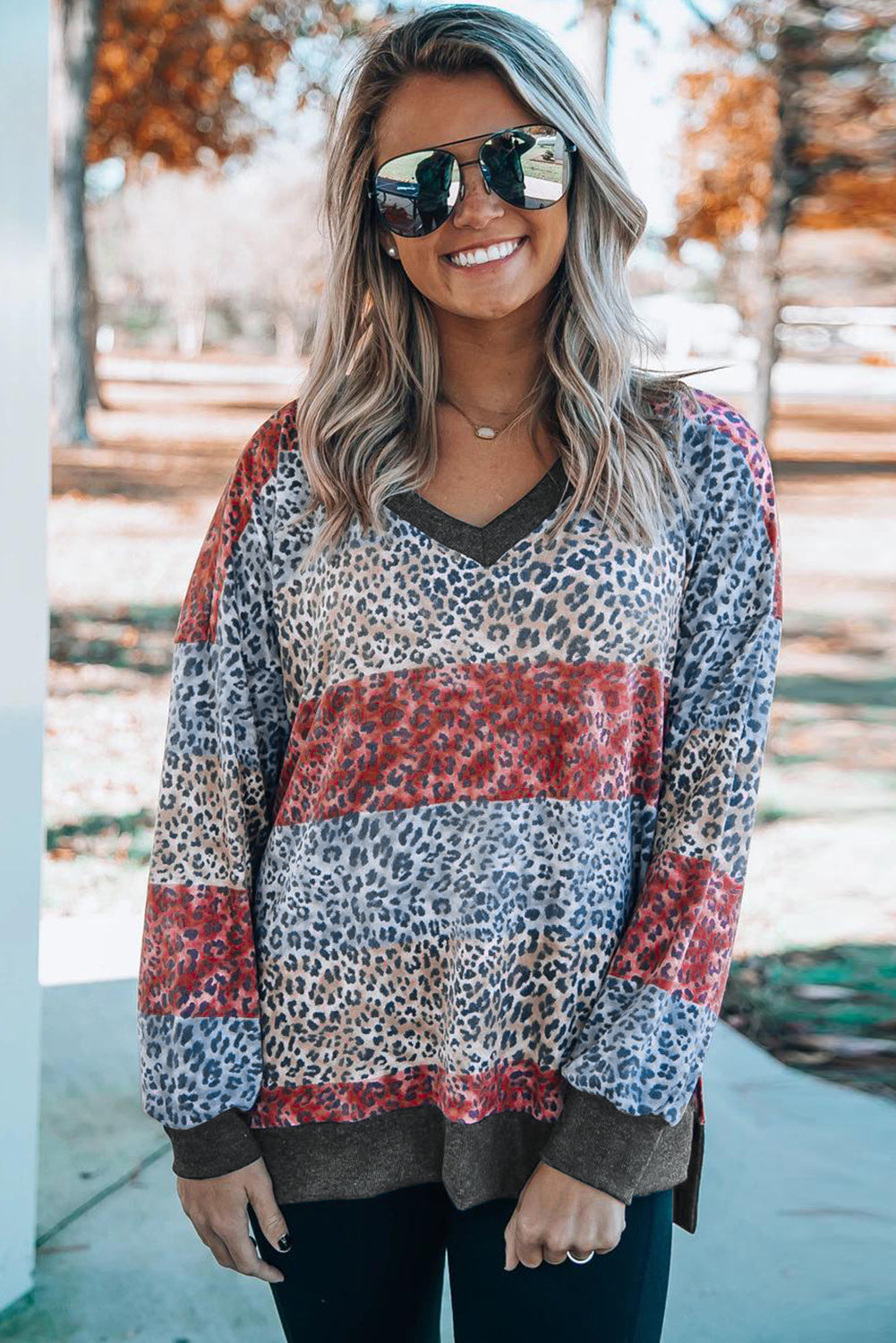 Top de bloque de color de leopardo con cuello en V y manga con hombros caídos