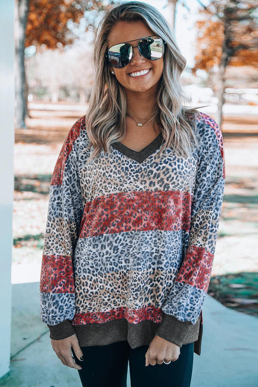 Top de bloque de color de leopardo con cuello en V y manga con hombros caídos