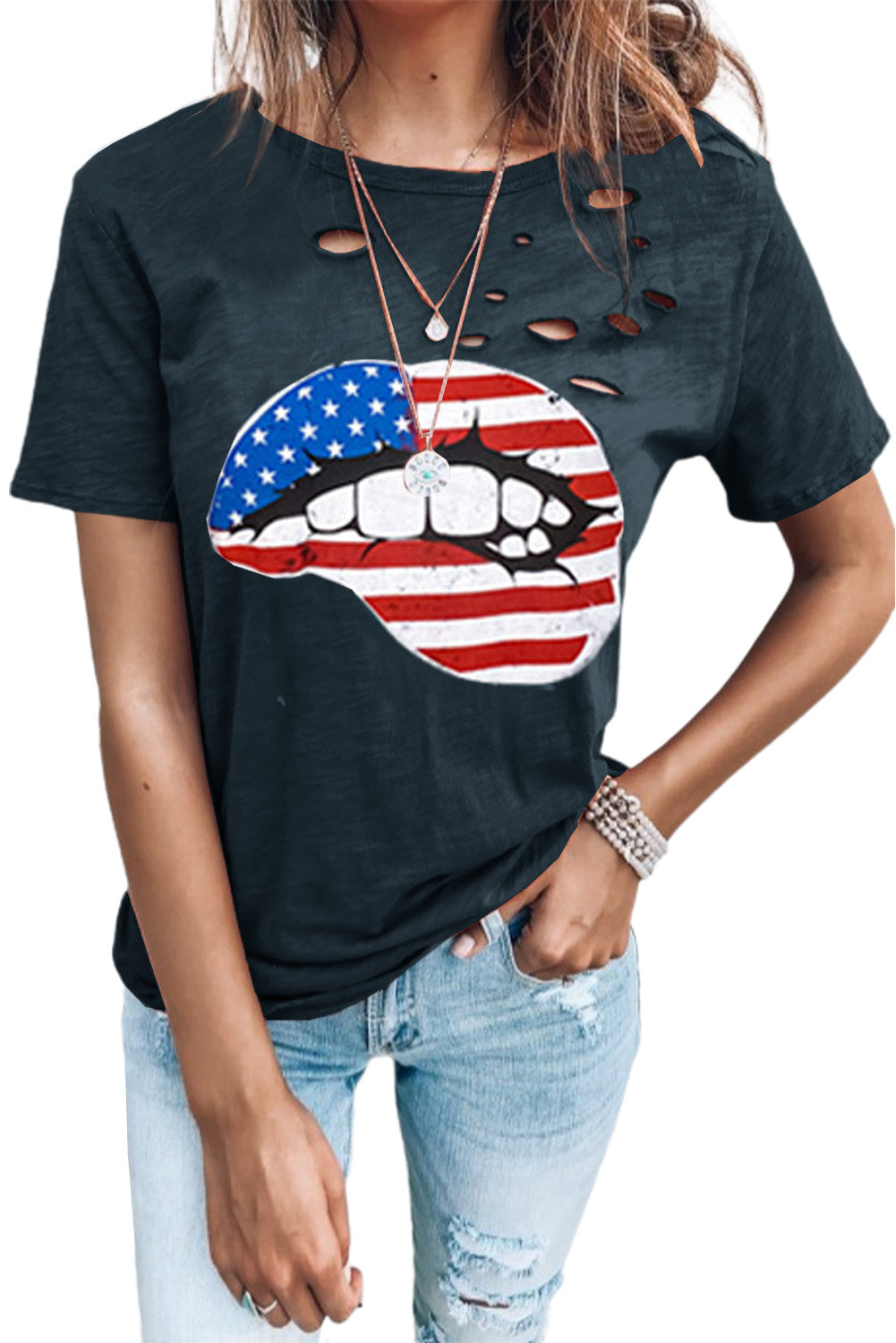 Distressed Crew Neck Leaves Pattern T-shirt