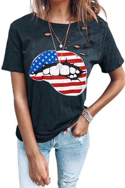 Distressed Crew Neck Leaves Pattern T-shirt