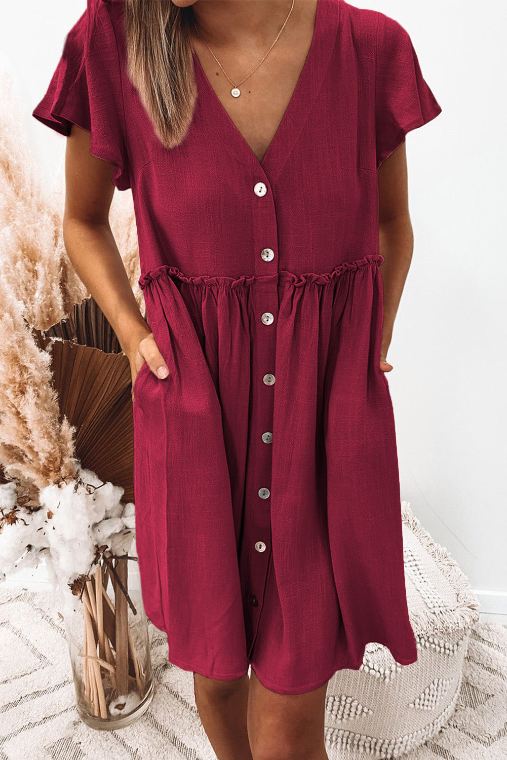 V Neck Buttoned Empire Waist Babydoll Mini Dress