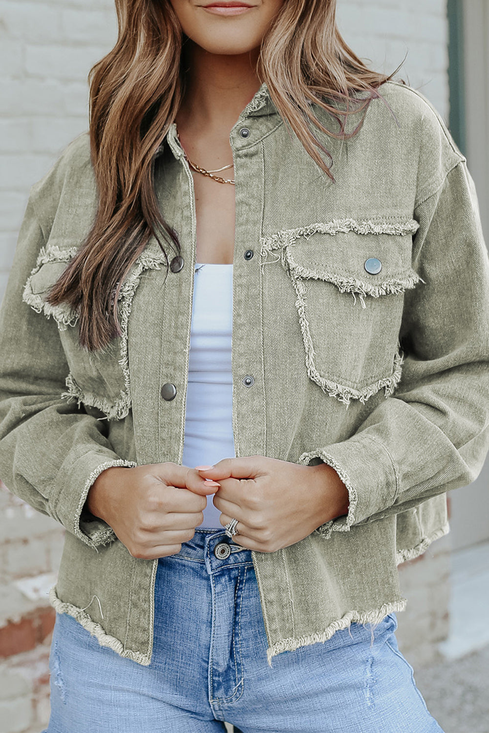 Distressed Flap Pockets Frayed Hemline Denim Jacket
