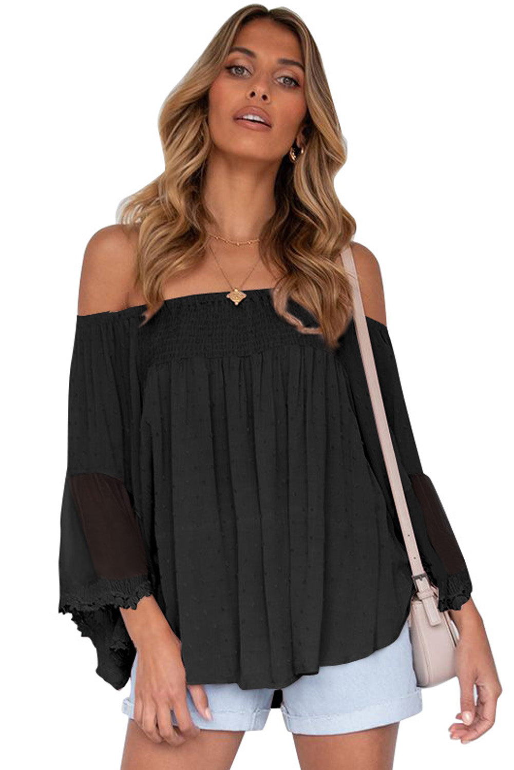 Blusa con volantes de patchwork transparente con hombros descubiertos