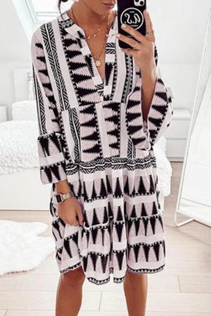 Print V neck Ruffle Swing Mini Dress