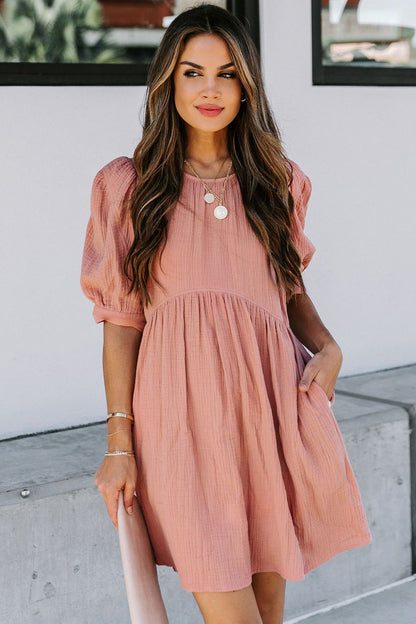 Pocketed Puff Sleeve Empire Waist Swing Short Dress