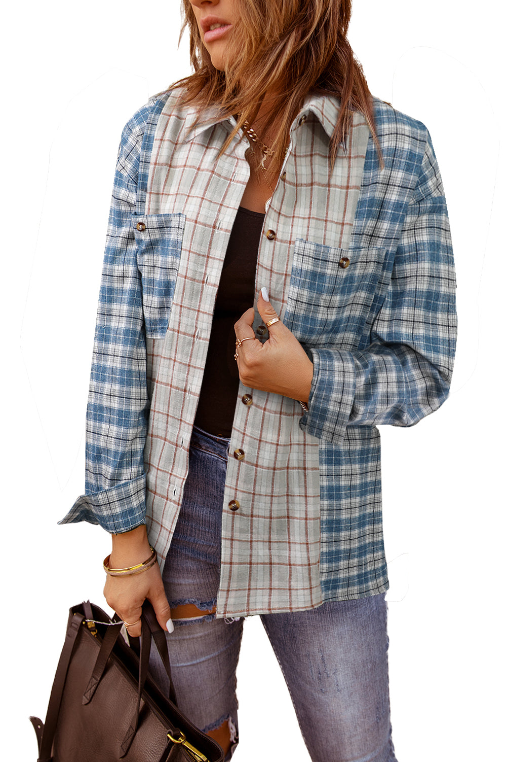 Chemise à manches longues boutonnée à carreaux et blocs de couleurs