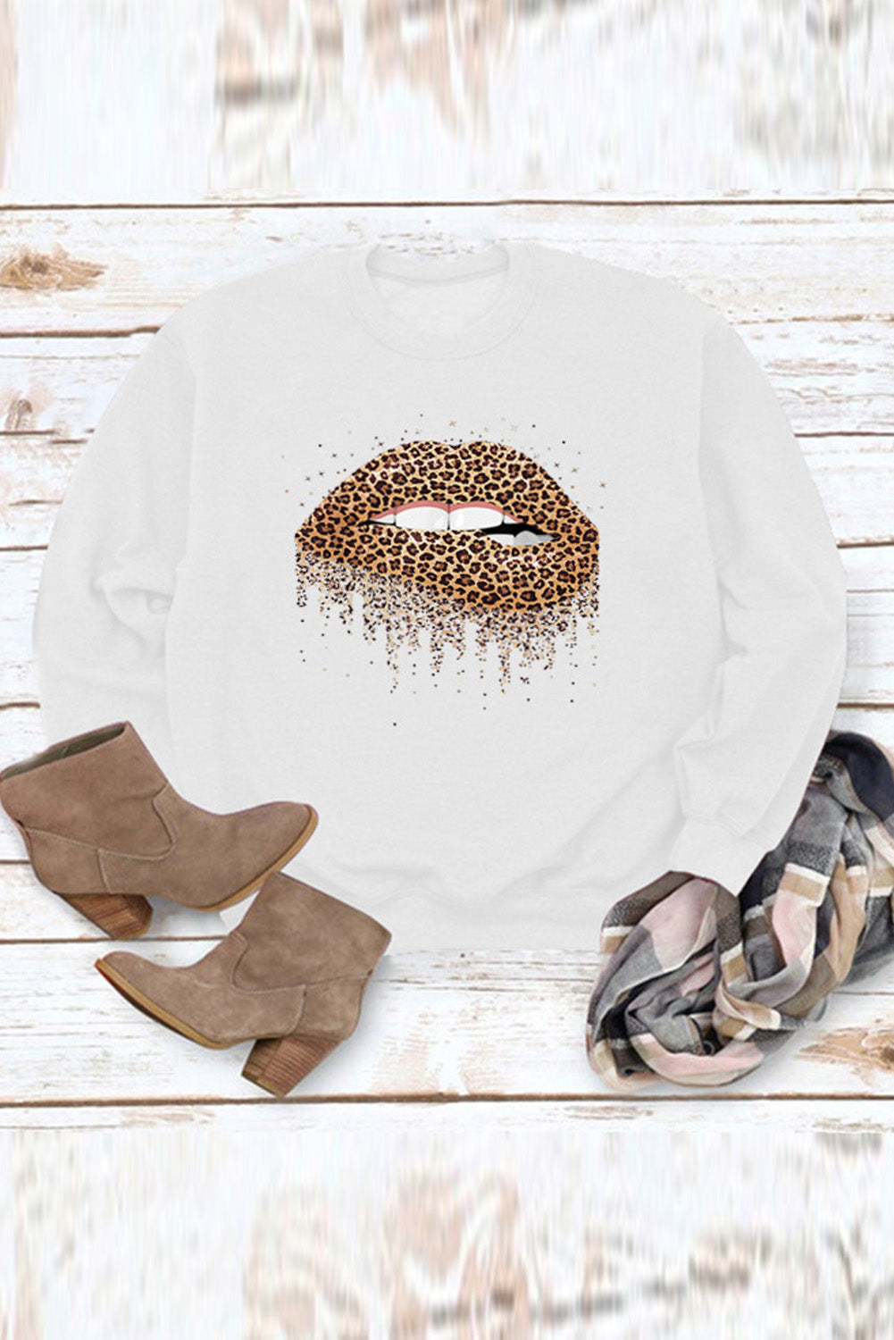 Sweat-shirt ras du cou à imprimé léopard et lèvres 