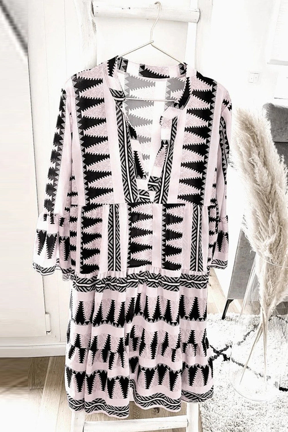 Print V neck Ruffle Swing Mini Dress