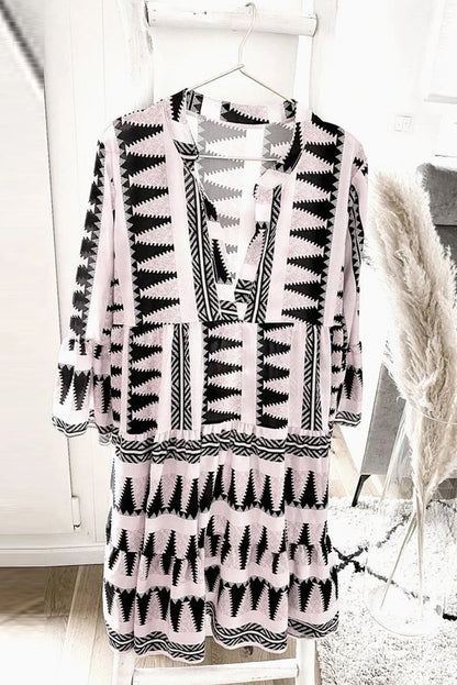 Print V neck Ruffle Swing Mini Dress