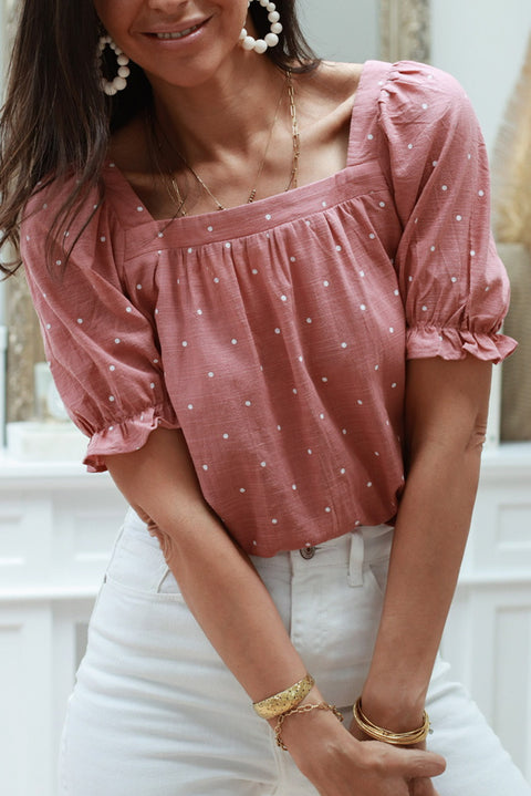 Square Neck Dotted Print Puff Sleeve Blouse with Tie Back