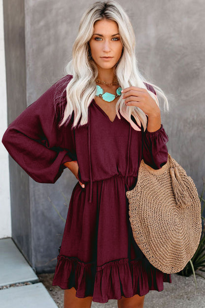 Khaki Bubble Sleeve Split Neck Ruffle Tunic Dress