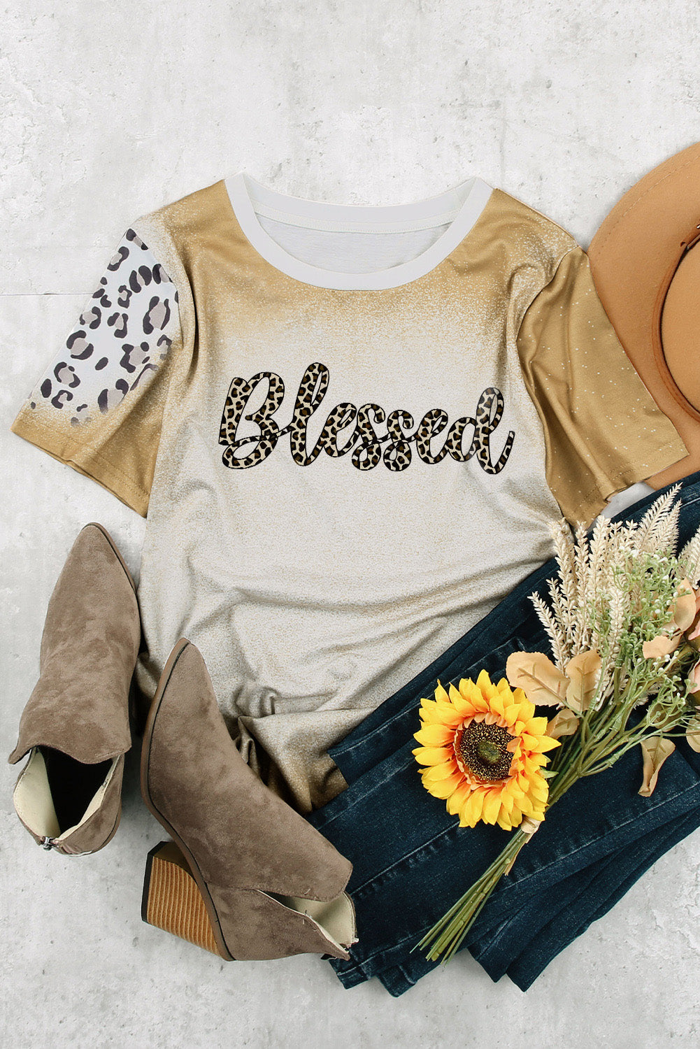 T-shirt kaki à manches courtes imprimé léopard et vache COWGIRL